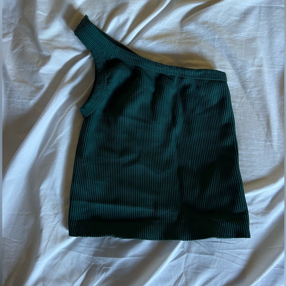 One shoulder top in a blue/green color